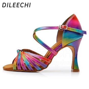 DILEECHI latină Pantofi de Dans Culorile Curcubeului luminoase PU Femei Salsa elegante Cuba Toc 9cm Sala de dans pantofi cu talpa moale