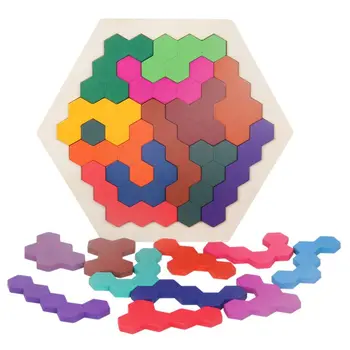 Din lemn, Puzzle-uri, jocuri de Inteligență pentru Copii-Adulți, 14 Pc-uri Colorate Hexagonale Distractiv de Geometrie de Tangrams Puzzle Masă IQ-ul Joc Jucarii