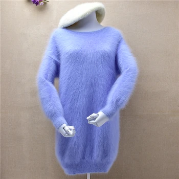 Doamnelor femeie de moda de iarnă albastru nurca cașmir tricotate mediu lungi culoare solidă pulover de angora blană tricotate jumper pulover rochie