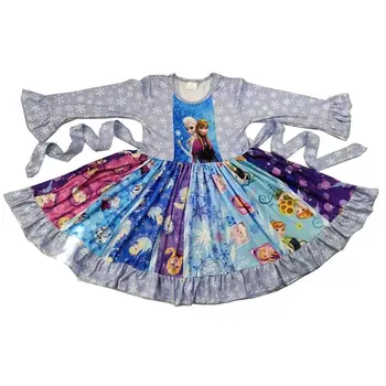 Drăguț fete maneca lunga unduiri rochie lapte de mătase învârti rochie cu model de desen animat rochii