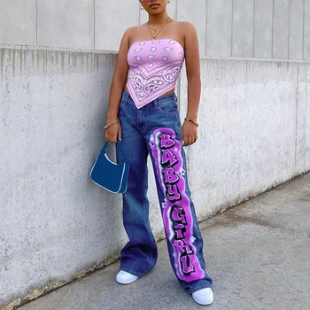 E-fata de Femei Vintage Streetwear Scrisoare de Imprimare Blugi Largi 90 de Moda Direct Blugi cu Talie Joasa Y2K Pantaloni Toamna Mama Blugi
