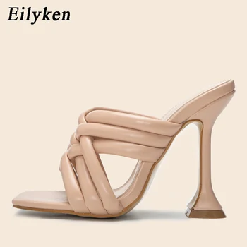 Eilyken 2021 Vară Nou Design Negru Square Toe tocuri inalte Bandă Îngustă de Femei Papuci de casă Gladiator Sandal Diapozitive Pantofi