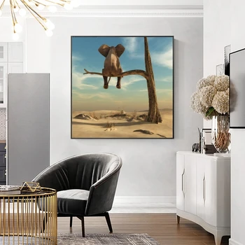 Elefant Stă Pe Ramură De Copac Artă Modernă Canvas Postere Si Printuri Suprarealism Tablouri De Arta Art Amuzant Animale Imagini Cuadros