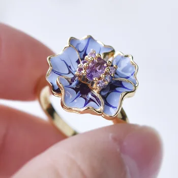 Elegant Floare Bud Aur Galben de Nunta Inele de Logodna, Cercei seturi de Colier pentru Femei Rafinate lucrate Manual Violet Email Bijuterii