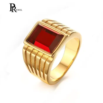Elegant Pătrat Roșu Stras Pecete Inele pentru Bărbați Ton de Aur din Oțel Inoxidabil anel masculino