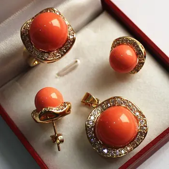 En-gros de nobil set de bijuterii 18KGP+12-14mm portocale coajă perla,inel, pandantiv & stud cercel