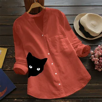 Femei Bluza Tricou V-neck Cutat Cat de Imprimare Maneca Lunga Bluze Casual Tricouri Femei Bluze Lange Mouwen Blusas Doamnelor Topuri