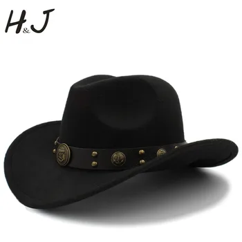 Femei Bărbați de Lână de Vest Pălărie de Cowboy Roll-up Refuz Domn Tata Jazz Ecvestru Sombrero Hombre Capac de Dimensiune 56-58CM Curea de Piele