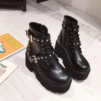 Femei cizme cu toc mic de Iarnă Motocicleta Cizme negre cizme împânzit Gotice Punk Toc Scăzut de iarnă botts femei Pantofi de zăpadă YMA940-2