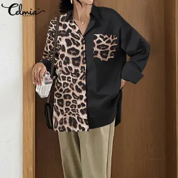 Femei De Moda Bluze Celmia 2021 Toamna Cu Maneci Lungi Asimetrice Tricouri Casual Pierde Butoanele De Leopard Imprimate Mozaic Blusas 7