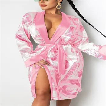 Femei din Satin Halat de Modă Dolar de Imprimare de Moda Confortabil Simplu Maneca Lunga, Matasoasa Kimono-Halat de baie Pijamale Cu Centura