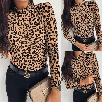Femei Leopard de imprimare Guler cu Maneci Lungi Skinny Slim T-Shirt de Primavara Toamna Petrecere Clubwear 2020 Fierbinte de Vânzare