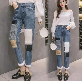 Femei pantaloni de blana de Iepure blugi plus catifea cu talie înaltă coreean supradimensionate drept harem pantaloni femei streetwear doamnelor pantaloni