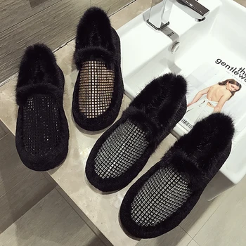 Femei pantofi retro blana singur pantofi plat 2019 toamna și iarna noua moda stras pantofi de bumbac