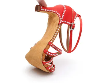 Femei Roșu de Partid Dans Pantofi din Satin Pietre Strălucitoare Fund Moale latină Pantofi de Dans Femeie Salsa Dans Pantofi cu Toc 5CM 7CM A01GZ