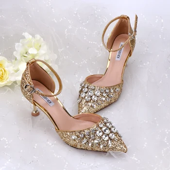 Femei Sandale de Aur de Moda Paiete Catarama Curea Confortabil Tocuri de Cristal Bling 10 cm 6 cm Toc Pantofi Printesa Design de Lux