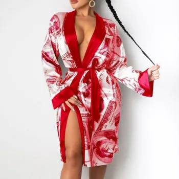 Femei Sexy din Satin Femei Centura Cămăși de noapte Casual Nou Homewear V-gât Adânc Rochii Elegant Florale de Imprimare Sleepcoat Split Rochie de Petrecere