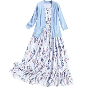 Femei tricotate, cardigane noi 2020 primăvară-vară talie elastic imprimeu floral fără mâneci volane plus dimensiunea rochie din două piese set albastru