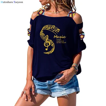 Femei Tricou de Vara Muzica Este Medicamentul De Mintea Imprimare Tricou Casual, din Bumbac T-shirt Femme Tshirs Hollow Out Umăr