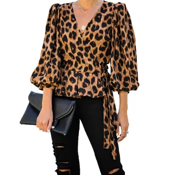 Femei Vrac Leopard De Imprimare De Top Felinar Sleeve V Neck Bluza De Mari Dimensiuni