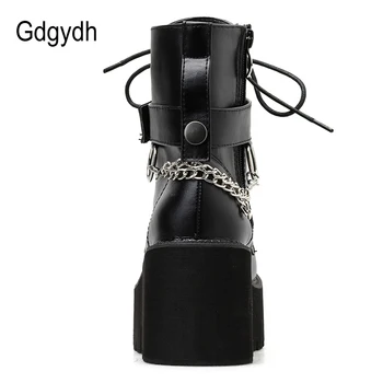 Gdgydh Nou Sexy Lanț De Femei Cizme De Toamna Din Piele Toc Bloc Gotic Negru Stil Punk Platforma Pantofi Pentru Femeie Încălțăminte De Înaltă Calitate
