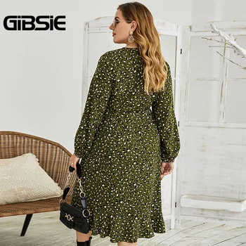 GIBSIE Plus Size Print Boho Folie de Cravată Unduiri Rochie Femei de Vacanță de Toamnă V Gât Rochii Midi cu Talie Înaltă Maneca Lunga Rochie a-Line