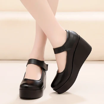 GKTINOO 2020 Primavara din Piele Femei Pompe Platforma Pene Degetele de la picioare Rotunde Curea Glezna Negru Tocuri inalte Pantofi Femei