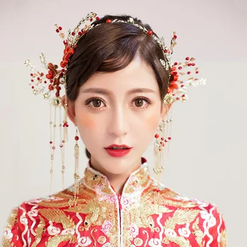 Himstory Chineză Tradițională Aur Roșu De Mireasa Frizură Păr Bijuterii Handmade Ciucure Lung Flori Cu Bandă De Susținere Ace De Păr, Articole Pentru Acoperirea Capului