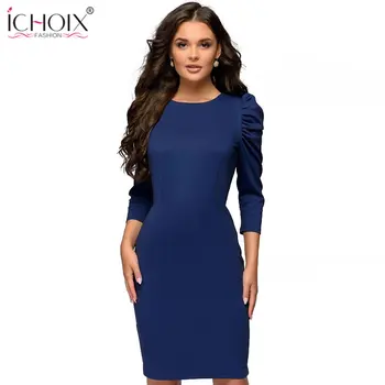 ICHOIX primăvară mâneci bodycon rochie albastră 2019 elegant slim munca de birou femei rochie de petrecere de seara midi rochie de toamna iarna