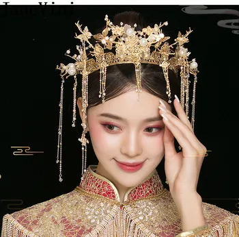 JaneVini Tradițională Chineză Mireasa Frizură Banda De Metal Ciucure Lung Agrafe Hairwear Frunte Păr Accesorii De Nunta De Aur