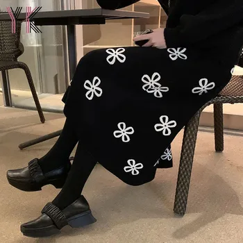 Japoneze Elastic Talie Mare Fuste Lungi pentru Femei Trifoi Florale, Fuste Tricotate Toamna Iarna O-linie Fuste Midi pentru Femei Streetwear