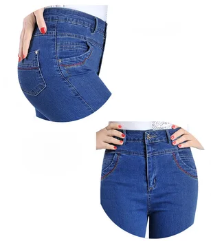 Jbersee de Vară Albastru Brodate WomenJeans Elastic Spălat Blugi Plus Dimensiune Talie Mare Bovina-Lungime Pantaloni Stretch Blugi pentru Femei