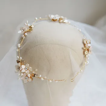 Jonnafe Handmade Perle De Apă Dulce De Păr De Nunta Bijuterii De Viță De Vie De Flori De Mireasa Tiara Cu Bandă De Susținere Frunze Femei Caciula Accesorii