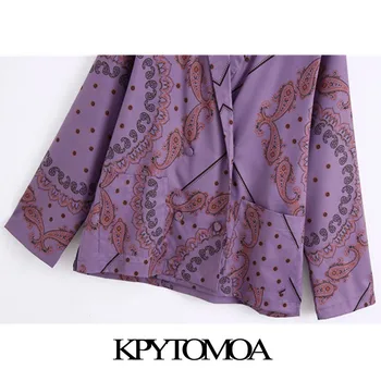 KPYTOMOA Femei 2020 Moda Breasted Dublu de Imprimare Vrac Wrap Bluze Vintage Maneca Lunga Buzunare de sex Feminin Tricouri Blusas Topuri Chic