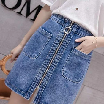 Lucyever Fermoar Femei Fusta Din Denim De Moda De Vară O Linie Jean Fată Mini-Fusta Casual Cu Talie Înaltă Coreean Buzunar Albastru De Sex Feminin Faldas