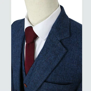 Lână Albastru Spic Retro domn stil personalizat costume pentru Bărbați croitor Sacou pentru bărbați costume pentru bărbați de 3 piese (Sacou+Pantaloni+Vesta)