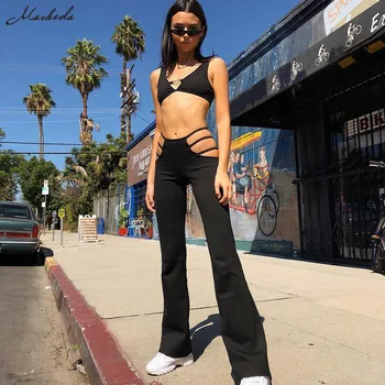 Macheda 2018 Femei Sexy Negru Tăiate Găuri Pantaloni Slim Fitness Pantaloni Sudoare Flare Gol Afară De Pantaloni Streetwear Codrin Pant