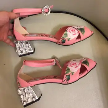 Macytino Flori Imprimate Sandale Tocuri Indesata Cristal Pantofi Cu Toc Casual De Vara Sandale Poze Reale