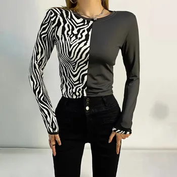 Mare Moda Skinny Zebra Print Mozaic T Shirt pentru Femei Chic Streetwear Maneca Lunga Primavara Toamna Topuri pentru Femei 2021