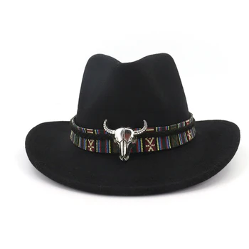 Margine Largă De Vest Cowboy Pălărie Jazz Capac Bărbați Femei Lână Simțit Pălării Fedora Panglică De Metal Bullhead Decorate Negru Panama Capac