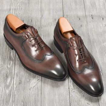 Mens Oxford Rochie De Pantofi Din Piele De Culoare Cafea În Stil Italian Noutate Birou Formale Casual Cap Toe Pantofi Speciale Dantelă-Up