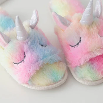 Millffy drăguț colorate catifea unicorn de pluș sandale papuci femei acasă interioară de vară curcubeu unicorn papuci non-alunecare pantofi