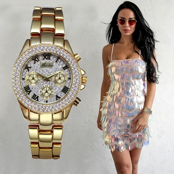 MISSFOX Femei Cuarț Analog Ceas de Aur Trupa de Metal Plumb Față Cu Diamant Veritabil Ceas Pentru Doamna Fete Rochie Casual Ceas