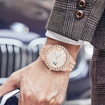 Moda Bling Bling Bărbați Ceasuri de Lux Stras Cristal de Diamant Nardin a Crescut de Ceas de Aur pentru Gent Cifre Romane Cuarț Ceas
