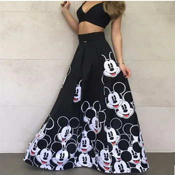 Moda Mickey Maxi Fusta Lunga Femei 2019 Lung Elastic Talie Mare Musulmane Kawaii Feminin Elegant Plisata Desene Imprimate Fuste