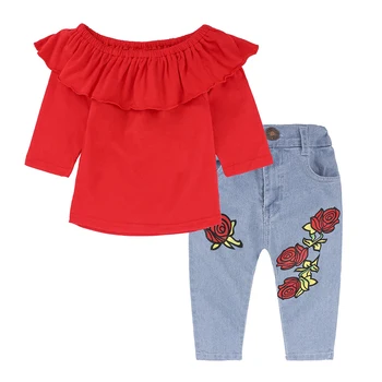 Moda Pentru Copii Haine Fete Haine De Vară Fată Copilul Haine Set De Bumbac Roșu Topuri+Blugi Copii Haine 1-6 Ani