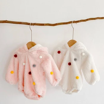 Moda Pompom Design Bebe Fete Cu Maneca Lunga Cu Gluga, Salopeta Haine De Toamna Pentru Copii De Iarna Copilul Cald Fleece Bodysuit