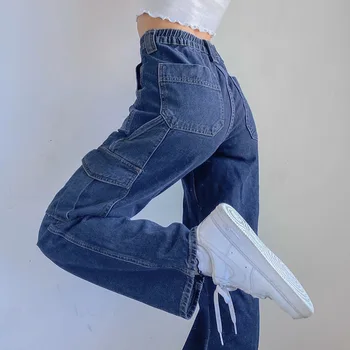 Mozaic Mare Buzunare Baggy Jeans Femei Vintage Streetwear Talie Mare Y2K ' 90 Largi Picior Pantaloni de Marfă Harajuku coreean Blugi Denim