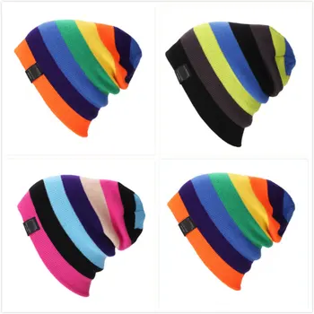 Multicolor împletit din lână pălărie toamna și iarna cald curcubeu pălărie de sport în aer liber schi hip-hop palarie unisex