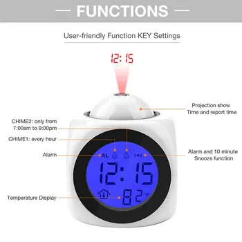 Multifuncțional LED Proiectie Ceas Deșteptător Voce în limba engleză Timp de Raport de Temperatura Display 2 Set de Ceas cu Alarmă Setarea USB de Încărcare